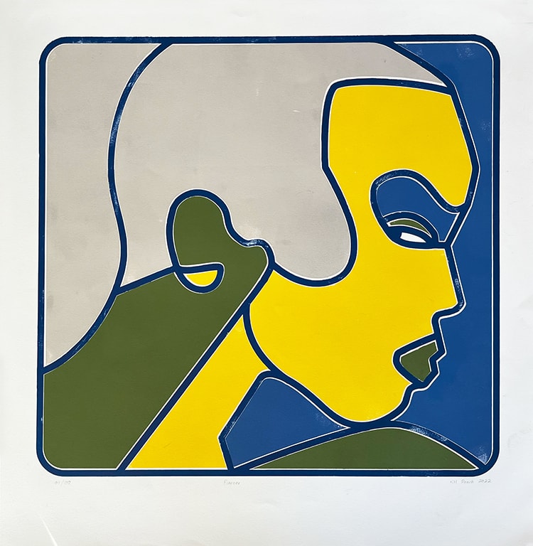 Piercer 01/08 — screenprint profile face, pink and blue on cobalt blue ground, KH Peach 2022