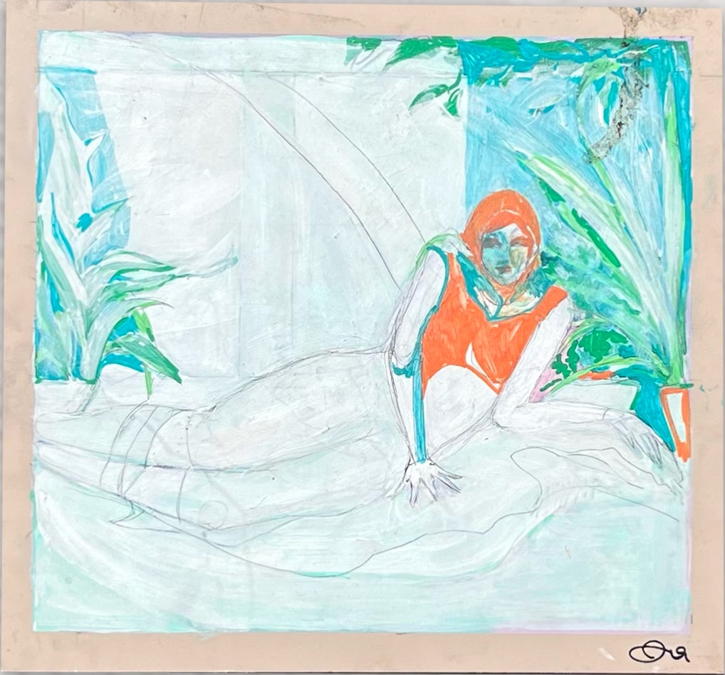 Guardiam — figure reclining in tropical interior, orange and teal mixed media