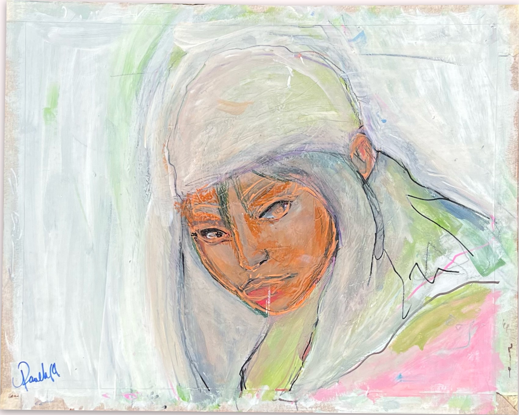 Frankie — portrait with white hair and orange face, expressive brushwork