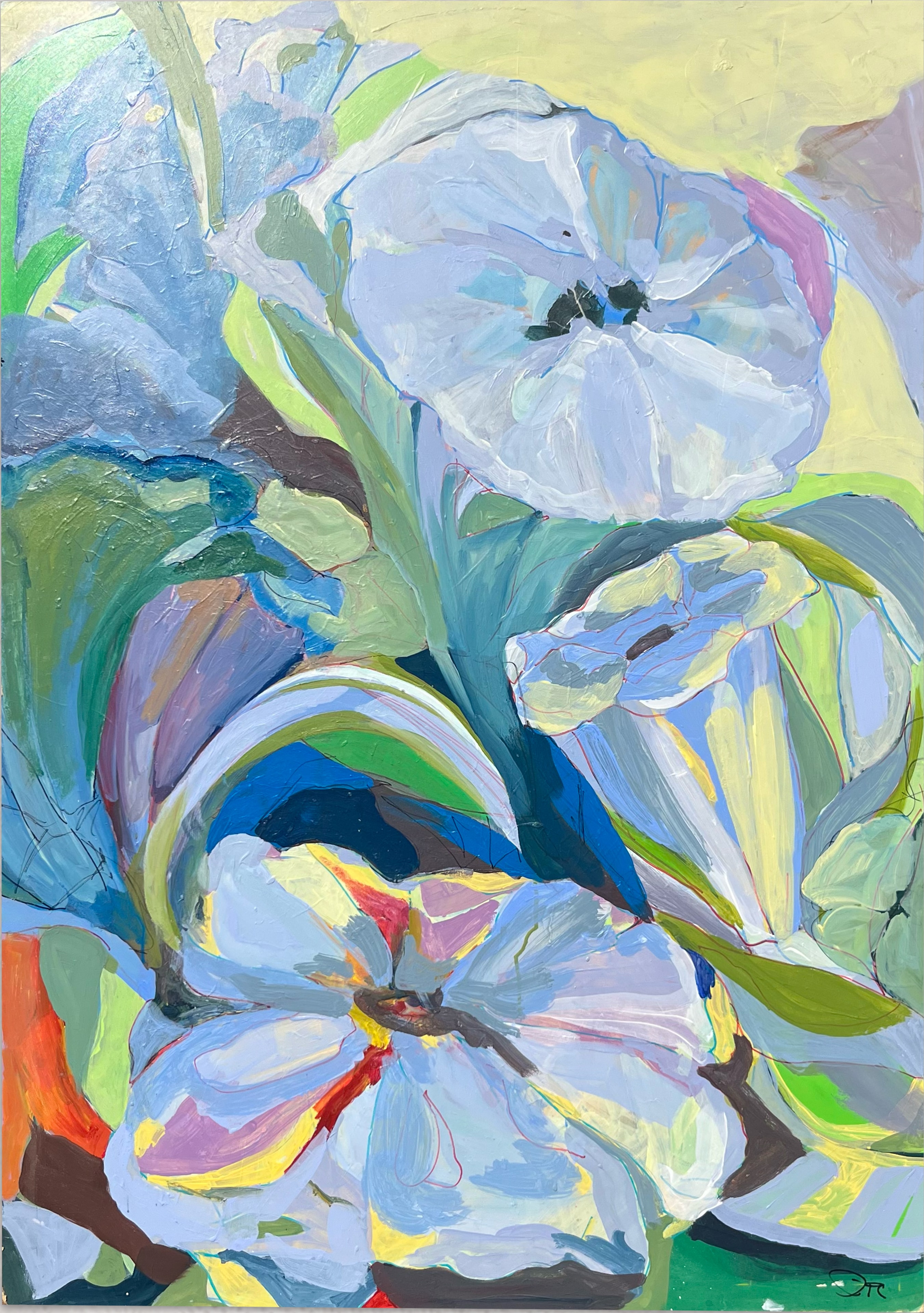 Bursting — expressive abstract floral painting with layered brushstrokes in blues, greens, yellows, and purples