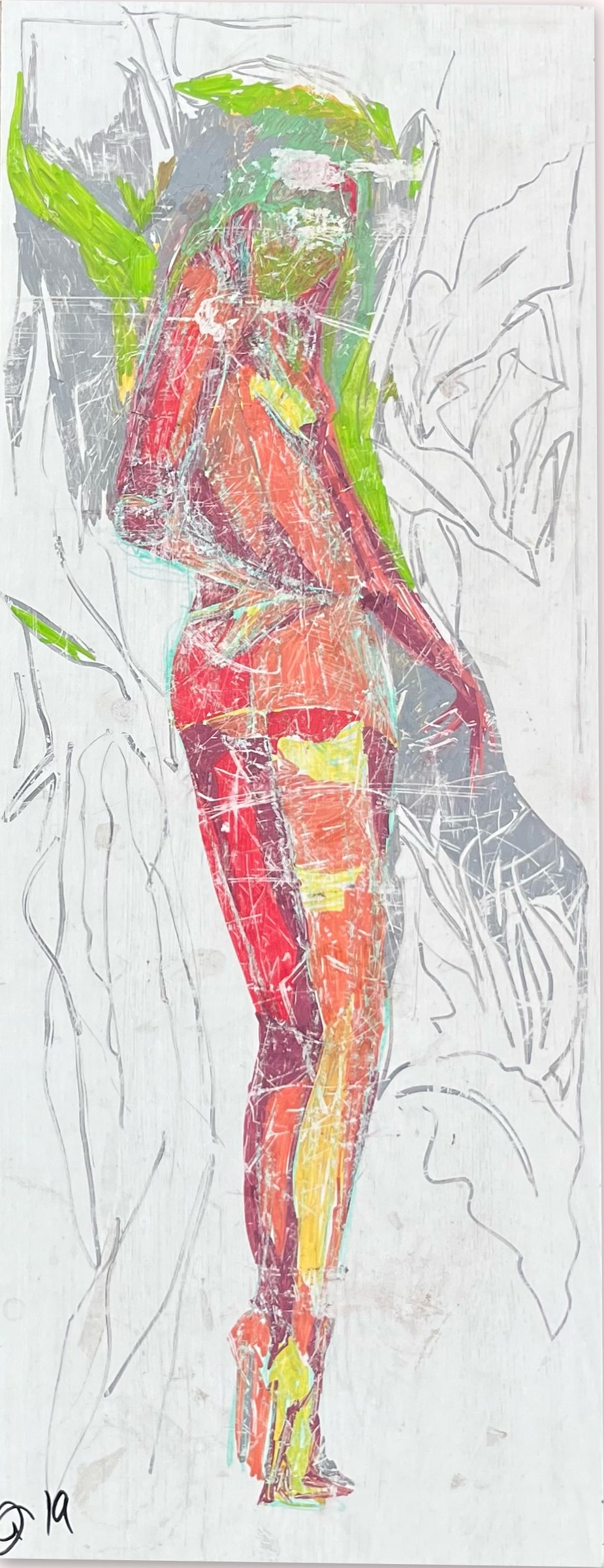 Girl looking back — standing figure with red and green color overlays on white