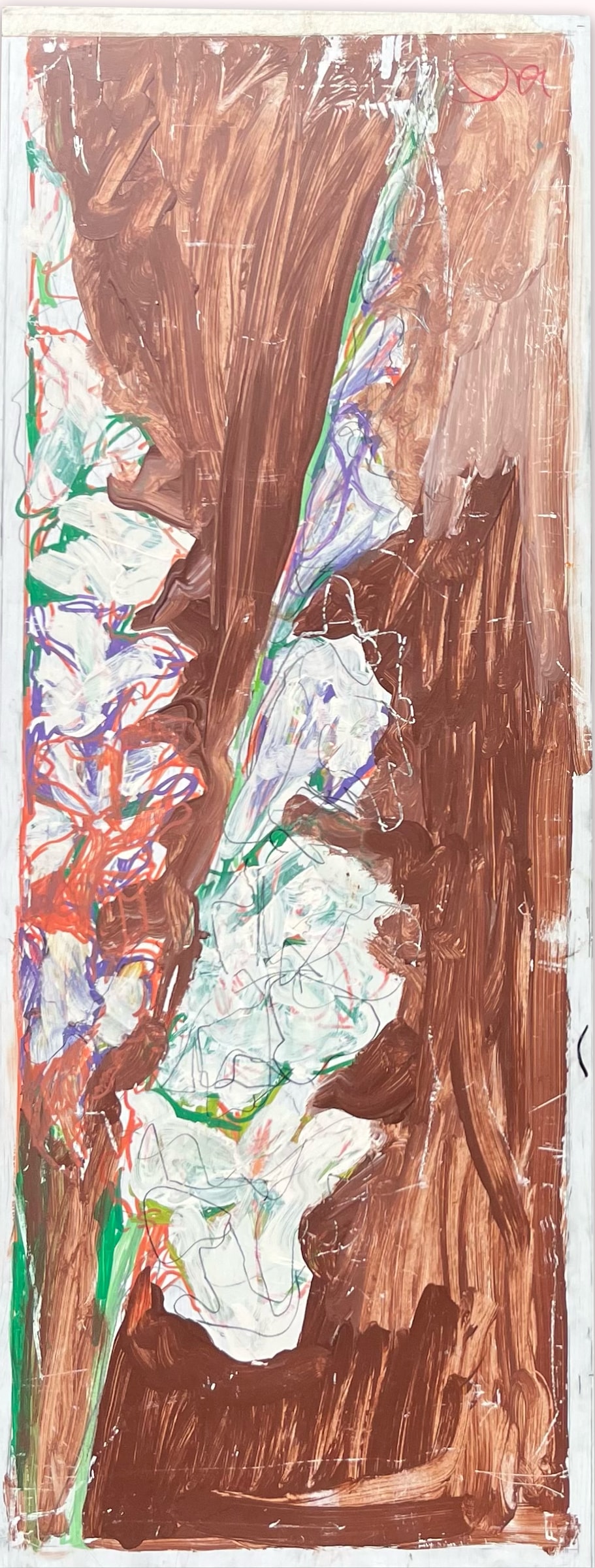 Gladiolas — abstract brown and white floral mixed media with colorful line work
