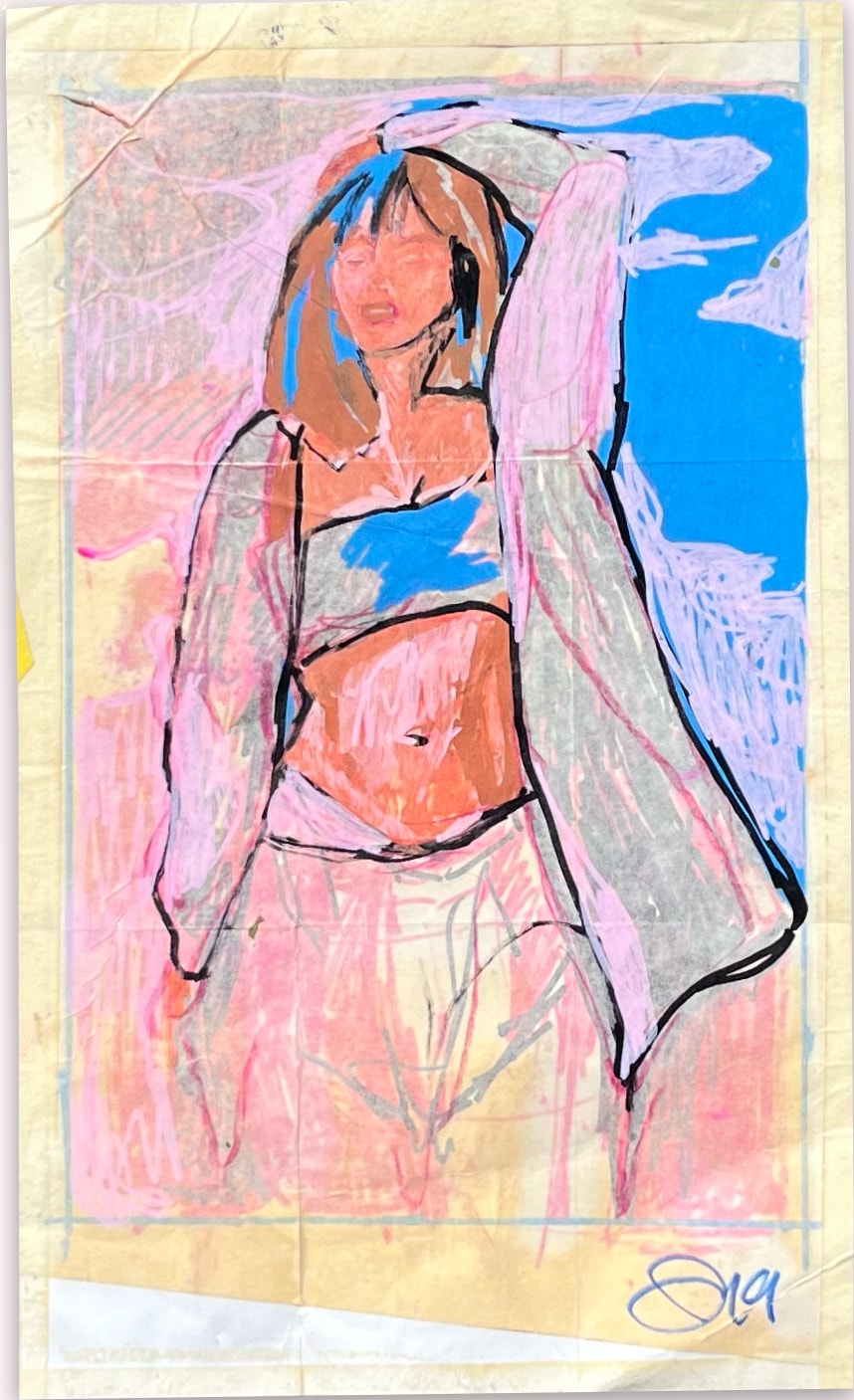 Modeling girl — figure portrait in pink, blue and orange expressive brushwork