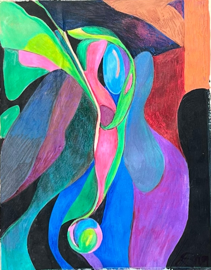 Morning dew — neon abstract with bold organic forms in green, pink and blue