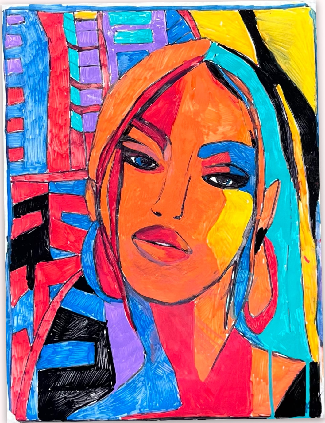 No Regrets — bold cubist-style portrait with orange face and geometric color-block background