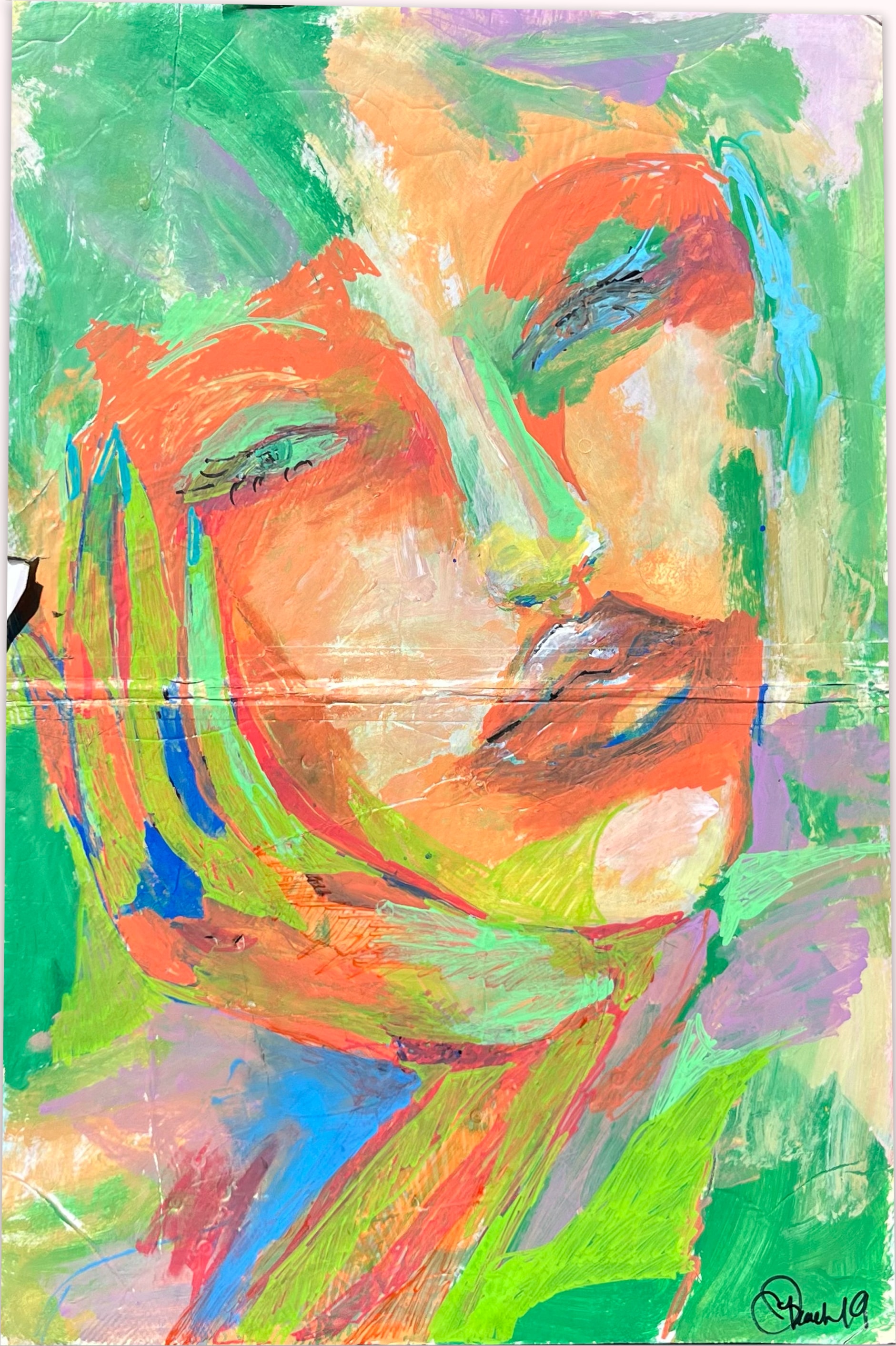 Patience — expressive abstract face in green and orange