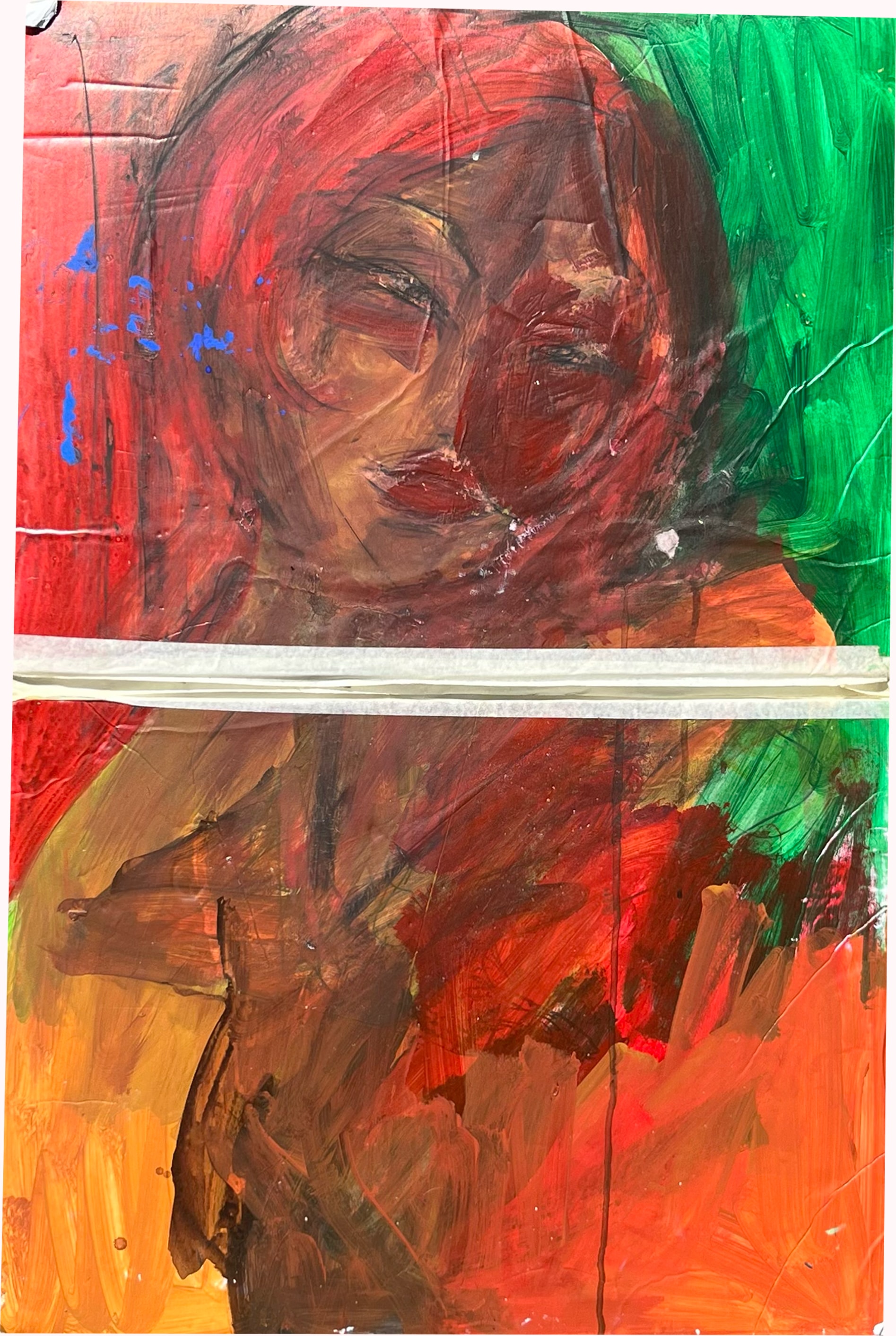 Patience — dark moody two-panel portrait in red, brown and green
