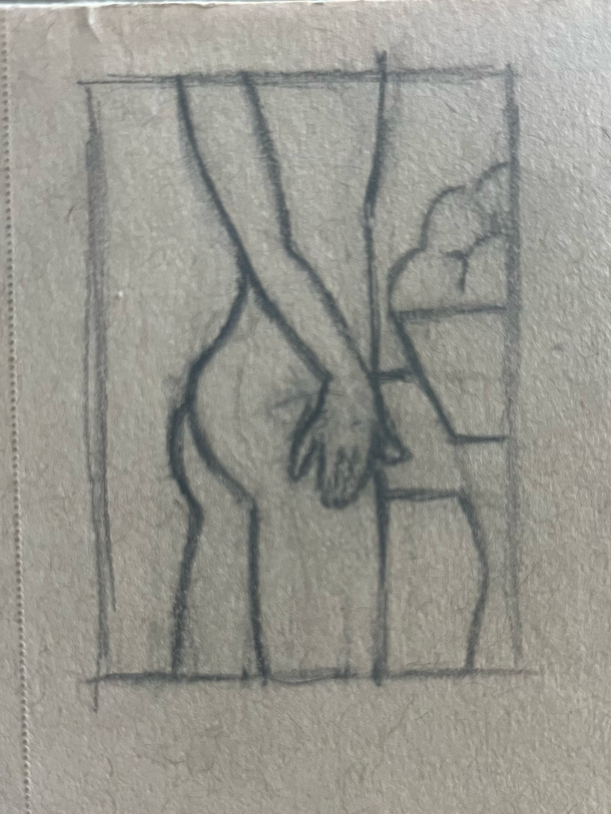 Compositional sketch of figures interacting with a table and bowl of fruit