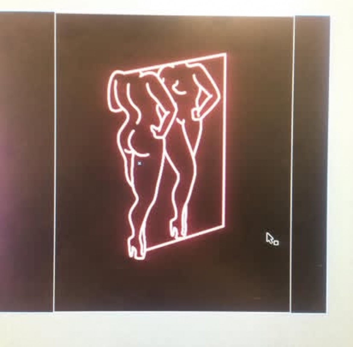 Neon light sculpture of two figures on dark background