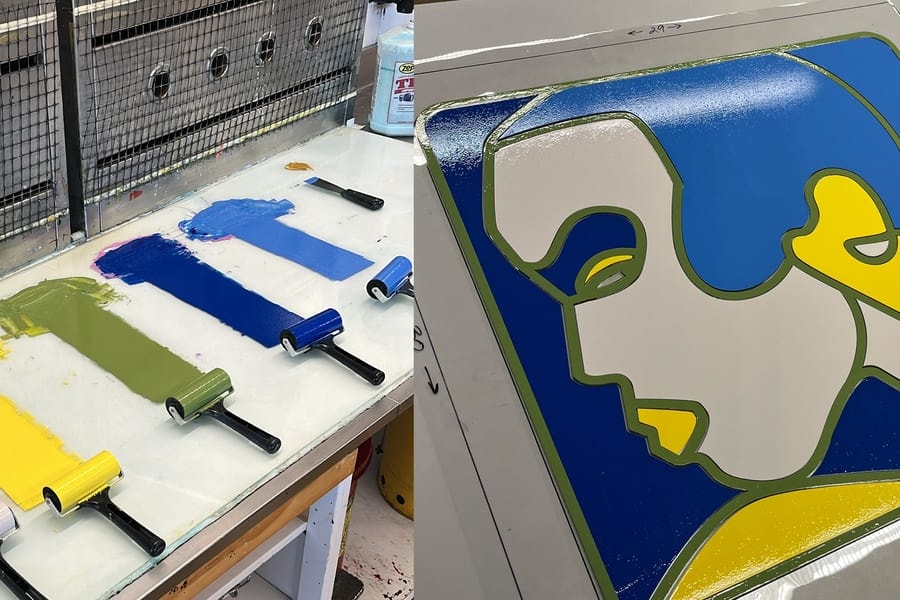Studio process — ink rollers and laser-cut print in progress