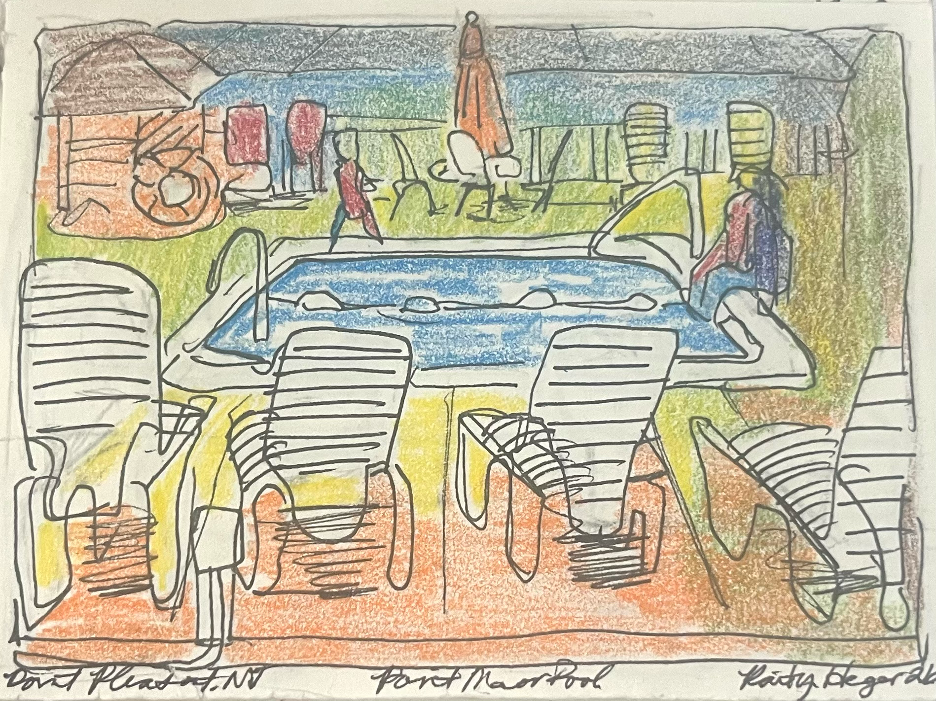 Point Manor Pool — colored pencil and ink poolside scene, Kaitlyn Heger 2024